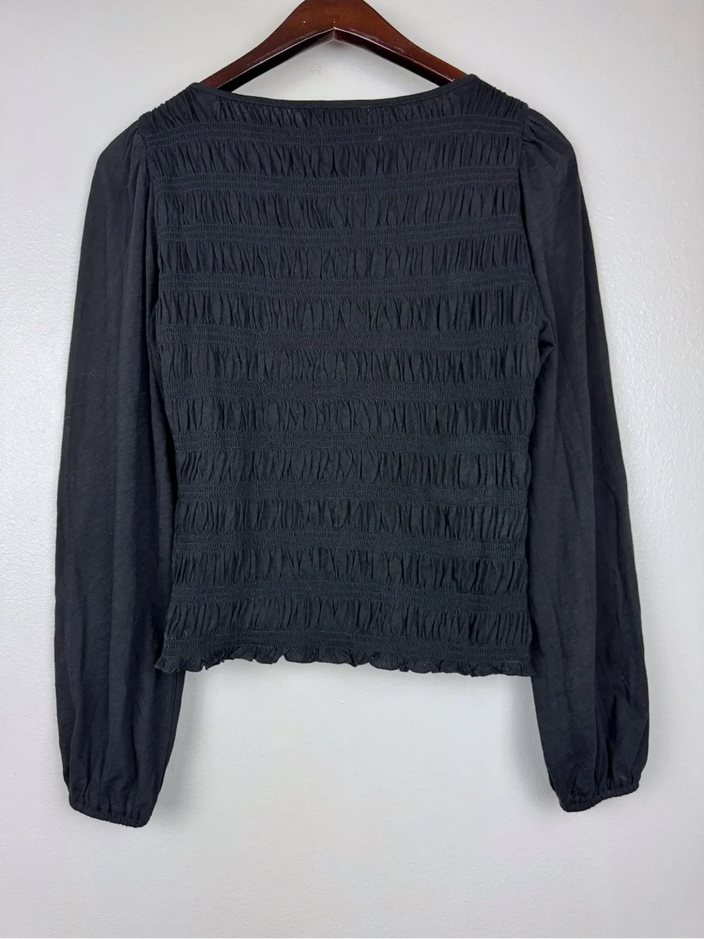 Madewell Smocked Cotton Boatneck Puff Sleeves Slim Fit Top Black Size XS NWT
